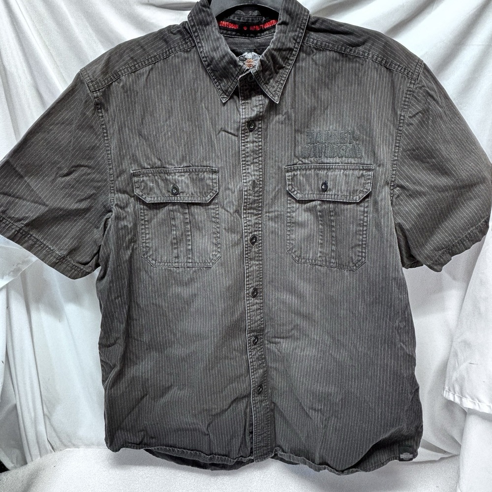 Harley Davidson Short Sleeve Button Up Shirt Men Mechanic Shop Gray Work Skull